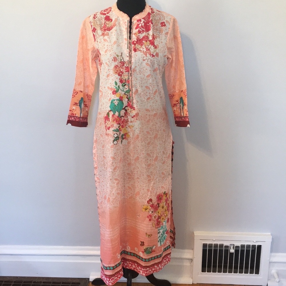 Biba Peach Bird Print Women’s Kurta, 32